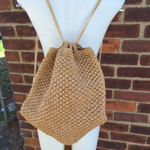 Tan Woven Paper Raffia Drawstring Backpack - Picture 2 of 15